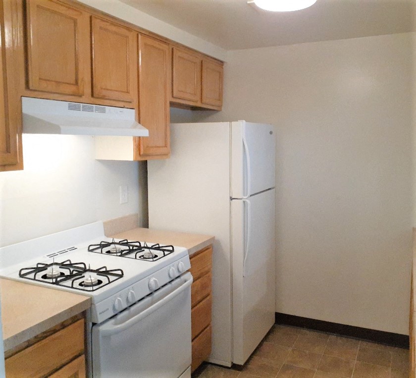 a kitchen with a stove and a refrigerator