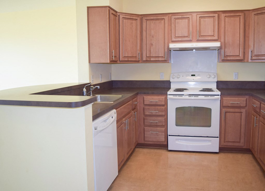 an empty kitchen with a stove and a sink