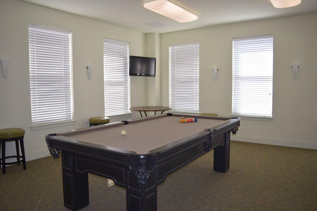 a game room with a pool table and a tv