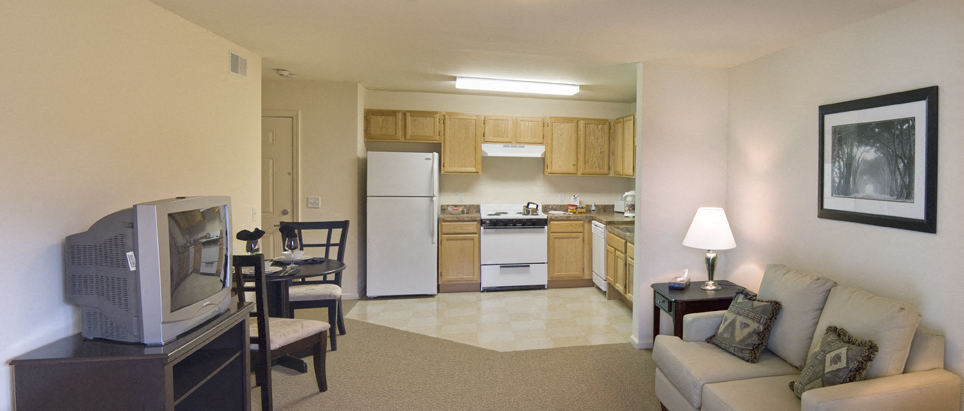 a living room and kitchen with a tv and a table