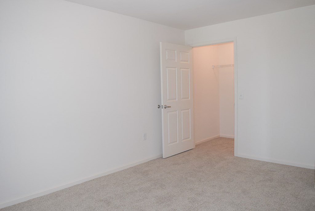 an empty room with a white door and a closet