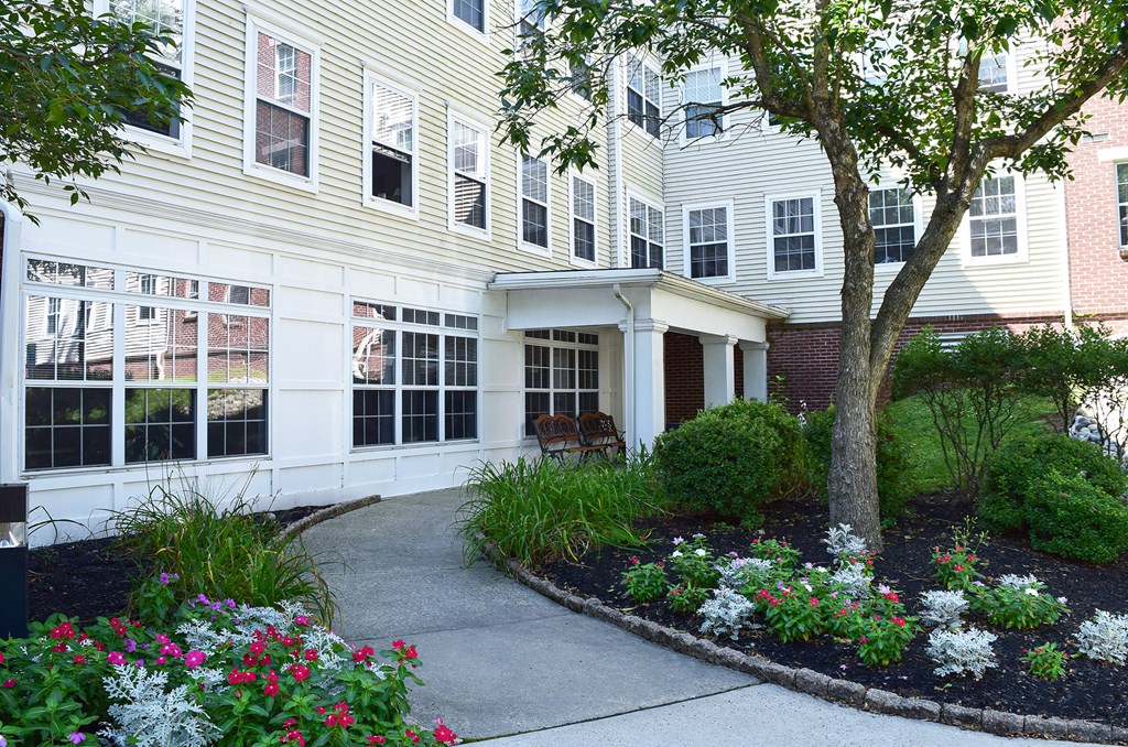 a sidewalk in front of a building with a tree and flowers