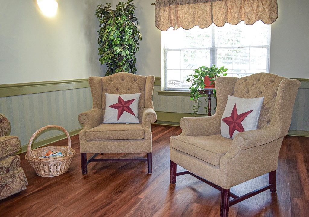 two chairs in a living room with a plant and a basket