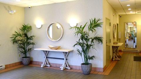 a bathroom with a table and plants in a lobby