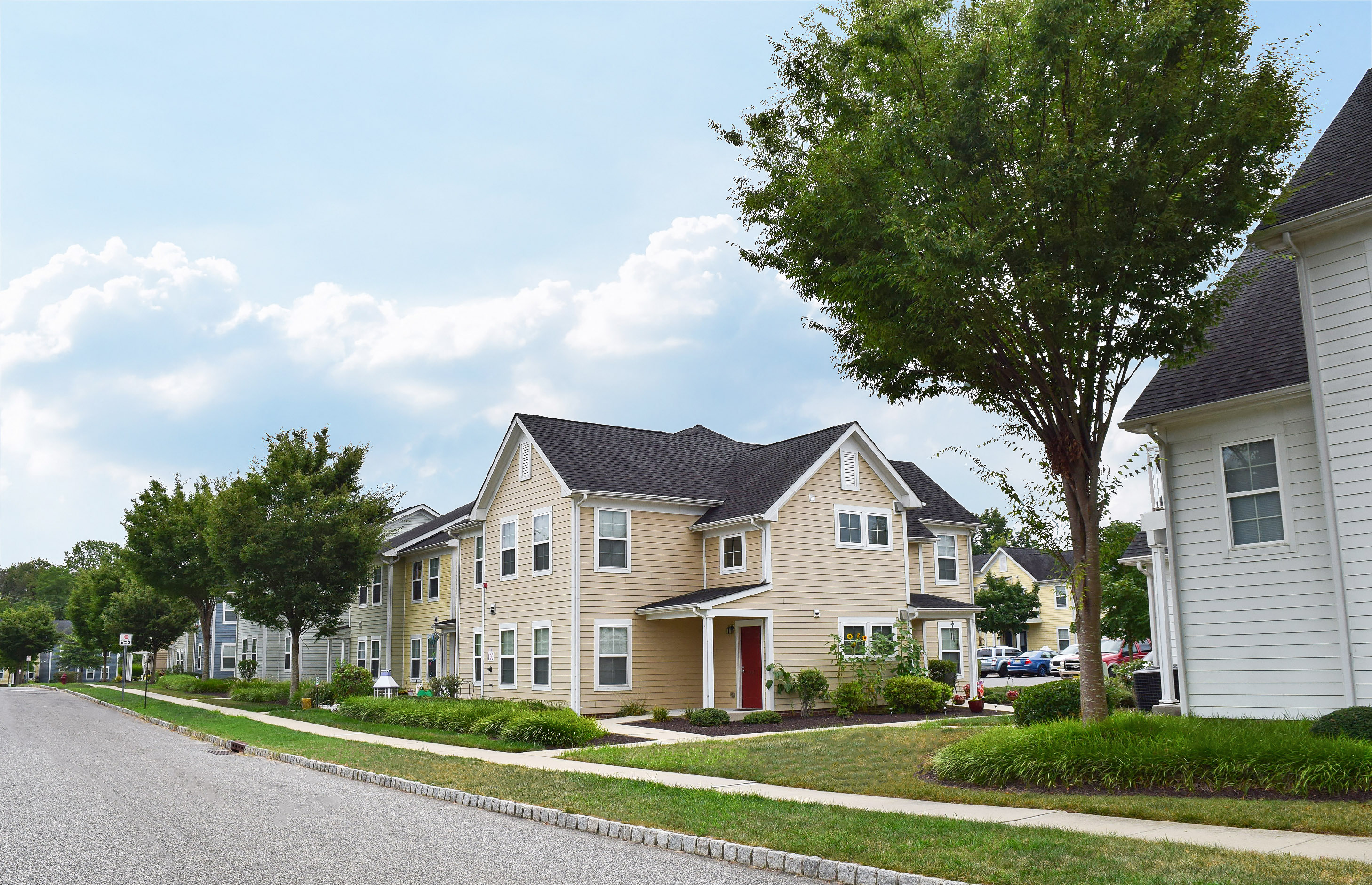 a row of houses on the side of a street