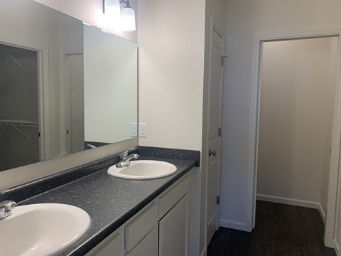 a bathroom with two sinks and a mirror