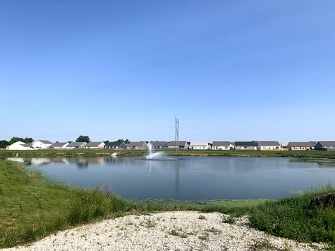 a small pond with a fountain in the middle of it