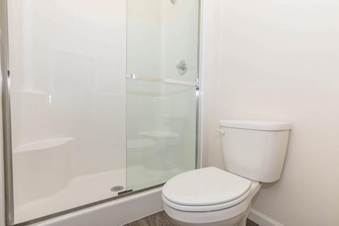 a bathroom with a toilet and a shower