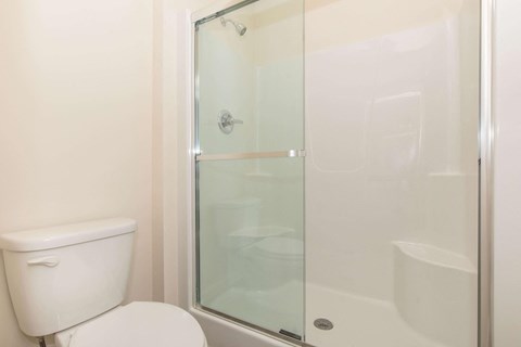 a bathroom with a toilet and a shower