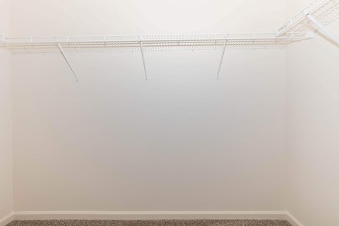 an empty closet with white walls and a wire rack
