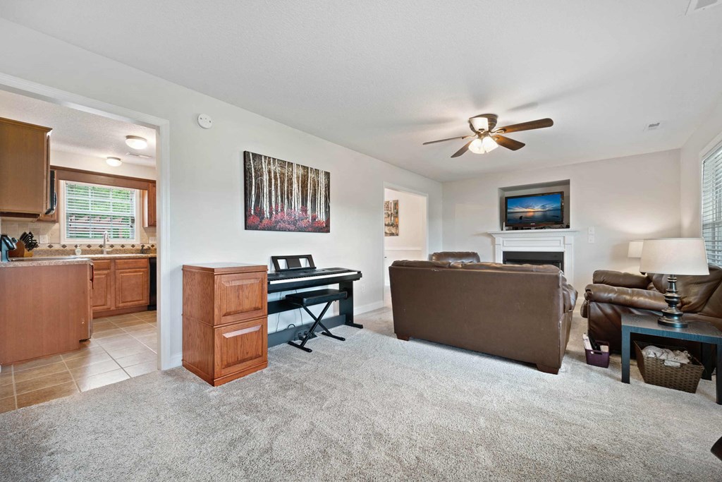 a living room with a couch and a table