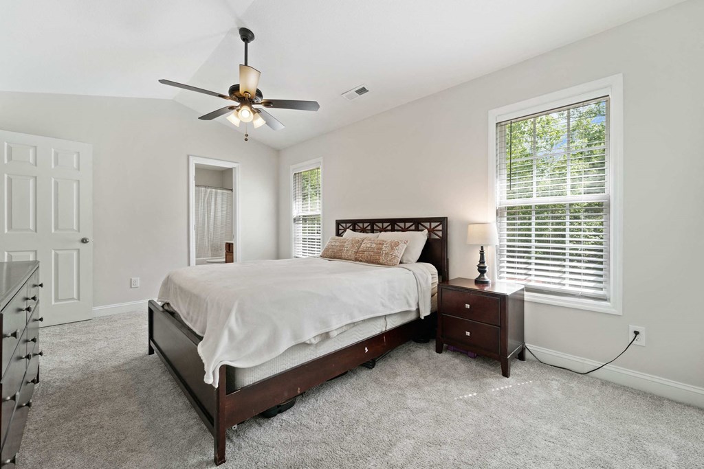 a bedroom with a bed and a ceiling fan