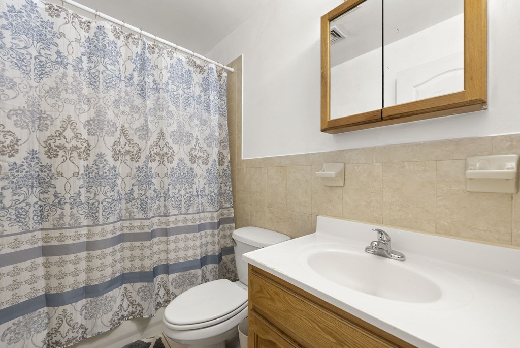 a bathroom with a shower toilet and sink and a mirror