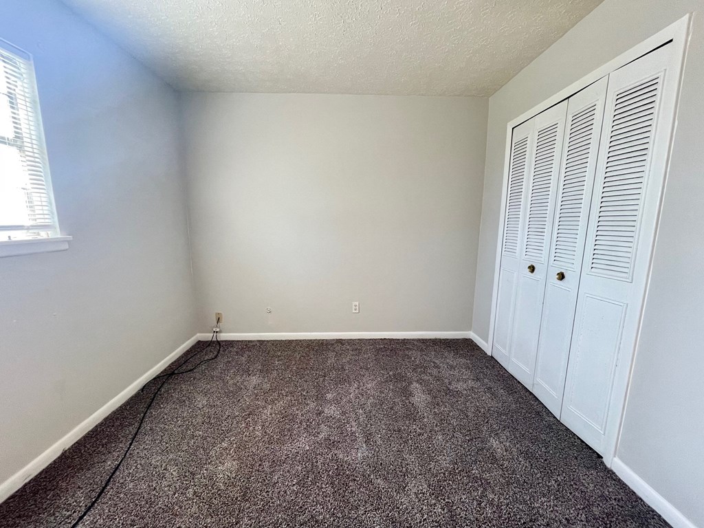 A room with a carpeted floor and a white closet.