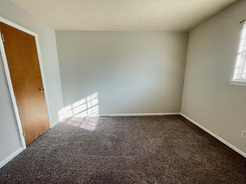 A room with a carpeted floor and a wooden door.