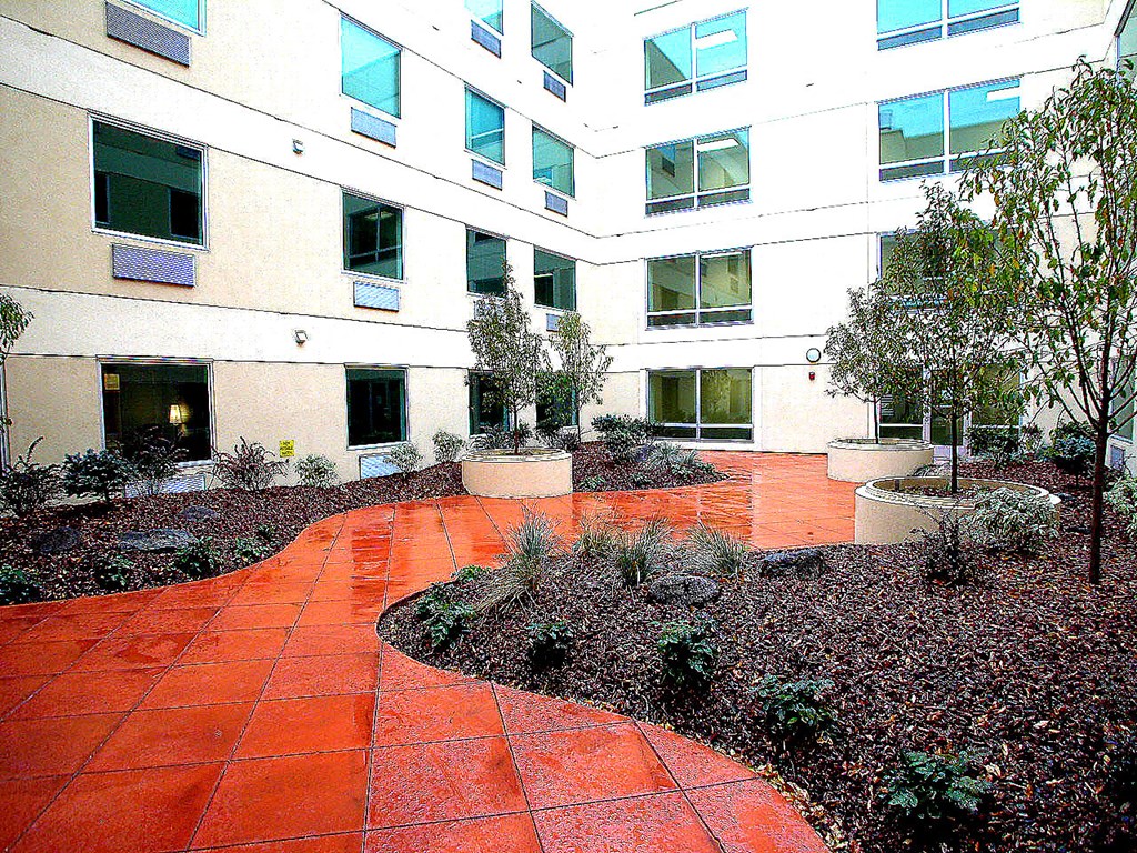 a courtyard in front of a building with trees and plants