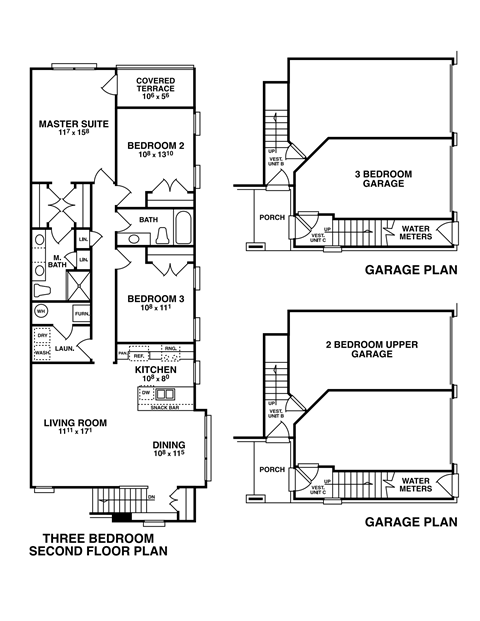 four different floor plans of a house including a garage floor plan and a three bedroom