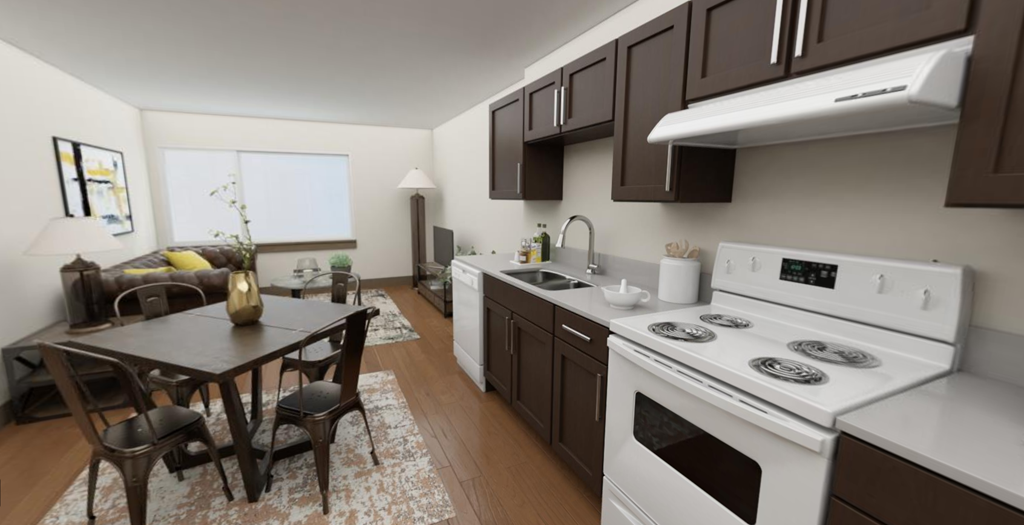 a kitchen and dining room in an apartment