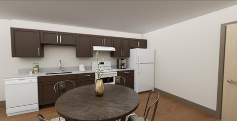 a kitchen and dining area with a round table and white appliances