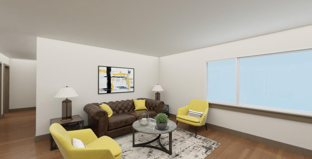 a living room with yellow chairs and a brown couch