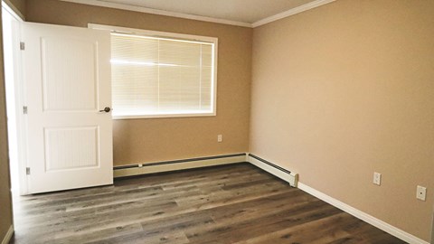 A room with a white door and a window with blinds.