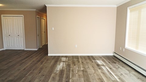 A room with wooden flooring and a white door.