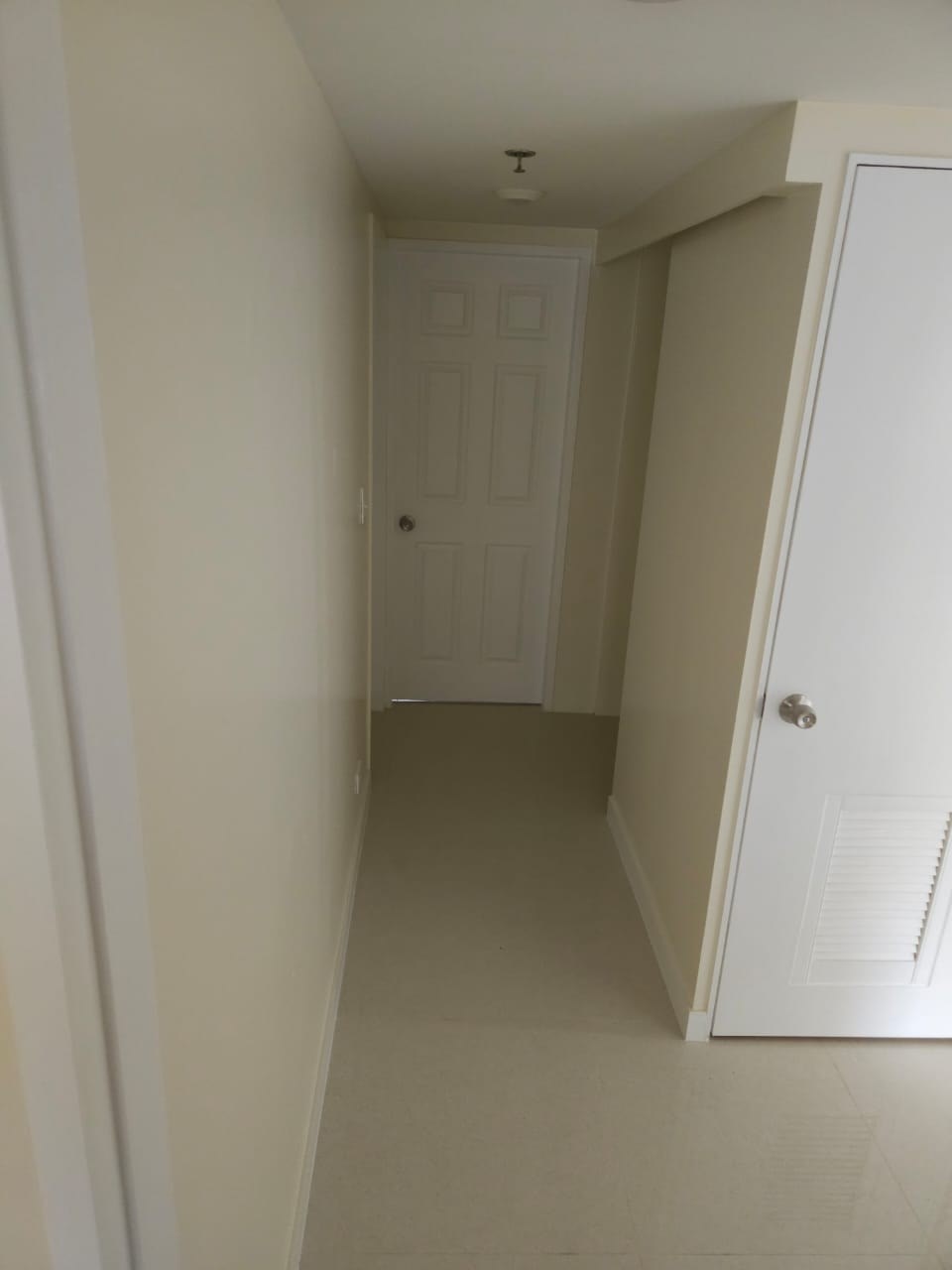 A white door is in a hallway with a white wall.