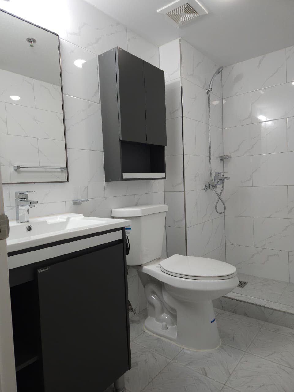 A white toilet sits in a bathroom next to a sink and a shower.