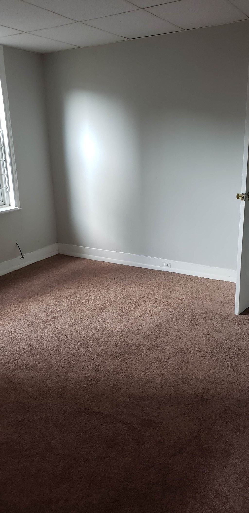 a room with a carpet and a white wall and a door