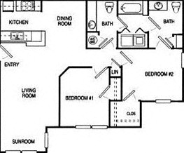 2 Bedroom Floorplan for Timberlake Apartments, with 2 bathrooms, a kitchen, a dining room, a living room and a sunroom