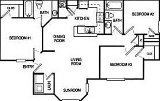 Timberlake Apartments 3 Bedroom Floorplan with 2 bathrooms, a dining room, a living room, a sunroom, and a kitchen.