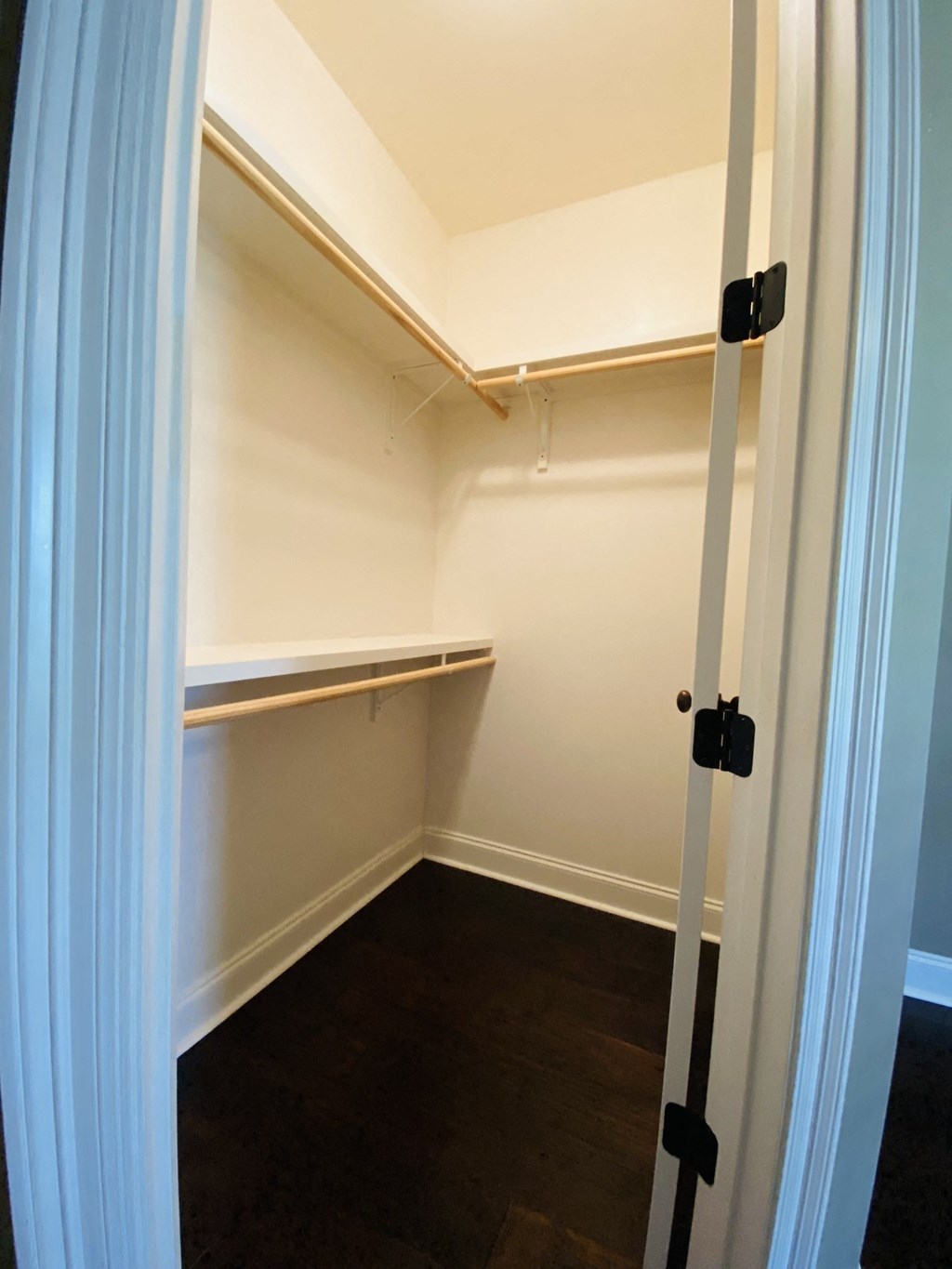 a walk in closet with shelves and a door
