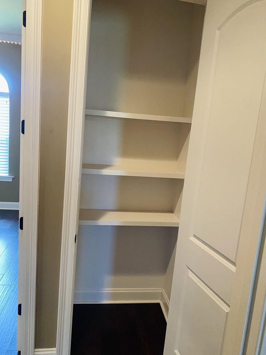 a walk in closet with white shelves and a door