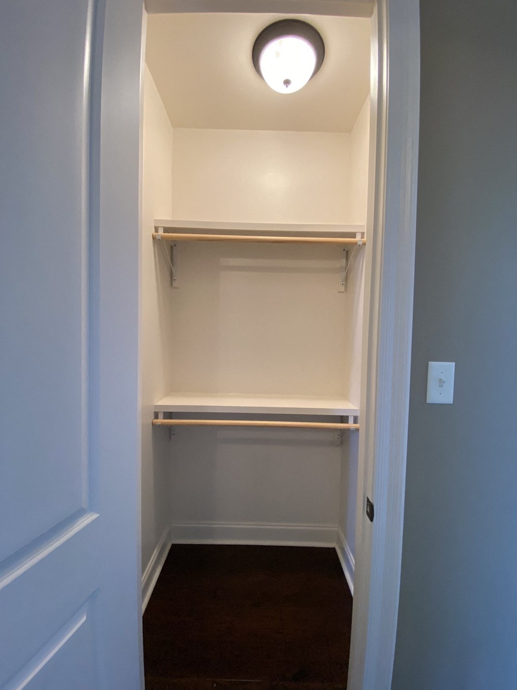 a walk in closet with shelves and a ceiling light