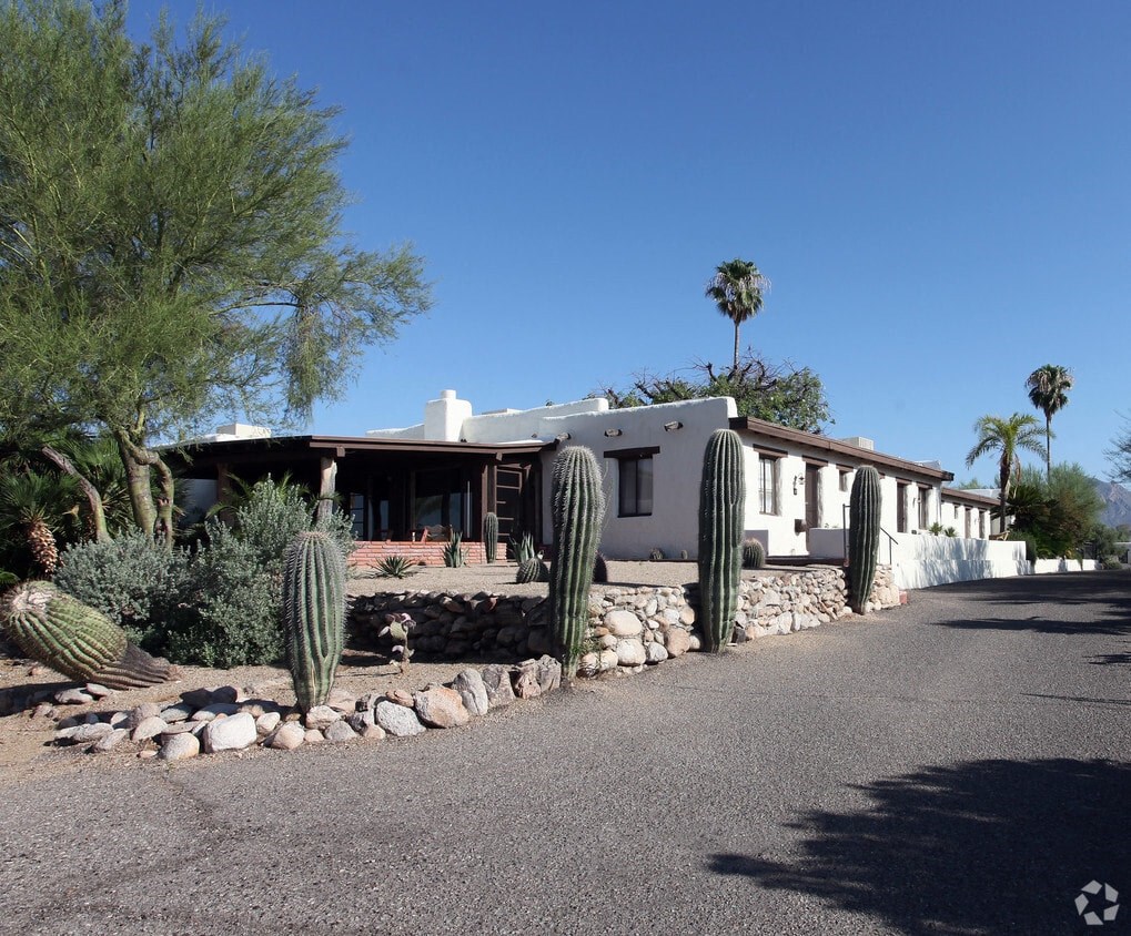 a white house with cactus in front of it on a road