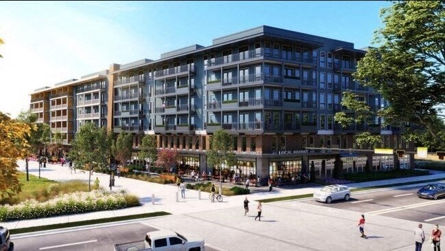 a rendering of an apartment building on a city street