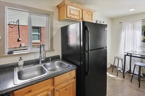 a kitchen with a black refrigerator and a sink