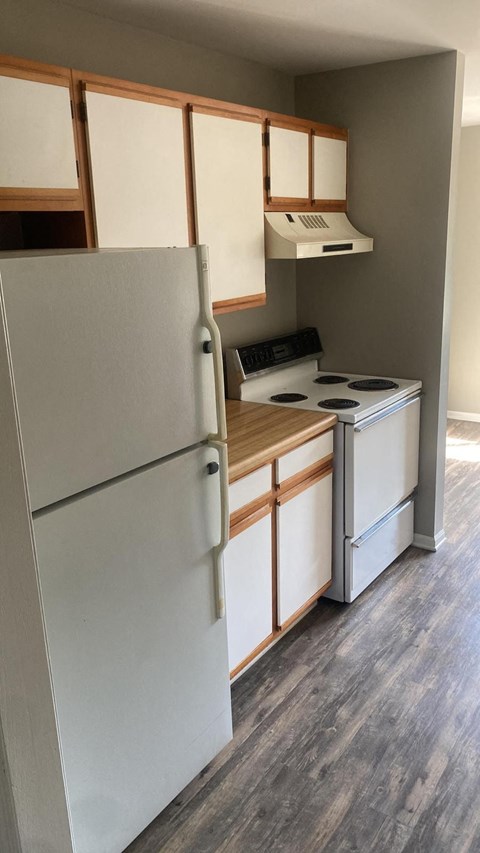 a kitchen with a stove and a refrigerator