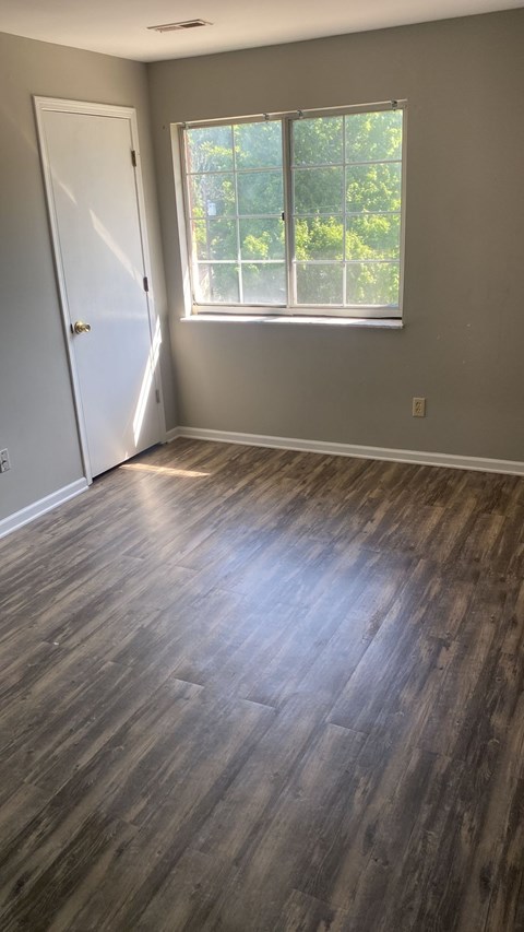A room with a wooden floor and a white door.