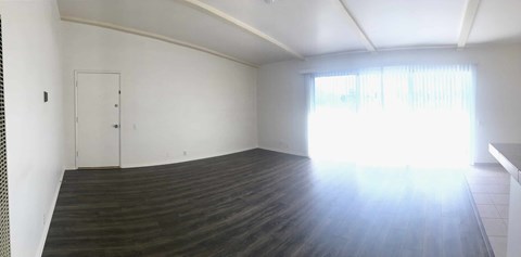 A large empty room with wooden floors and a white door.
