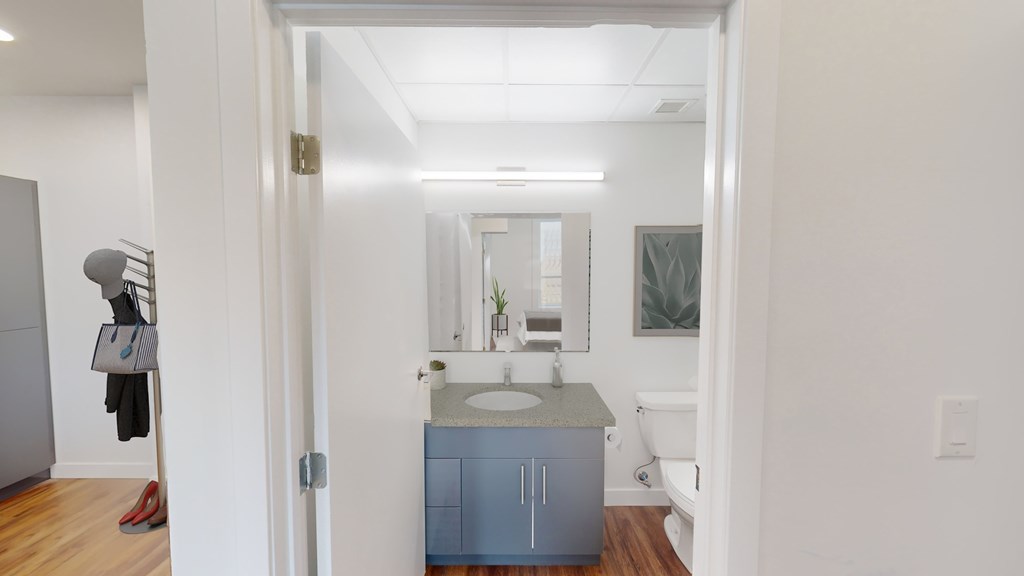 A bathroom with a sink, mirror, and toilet.