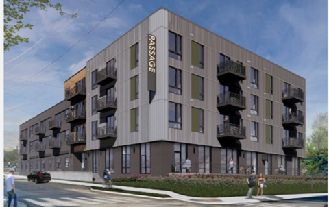 A modern apartment building named Passage with balconies on each floor.