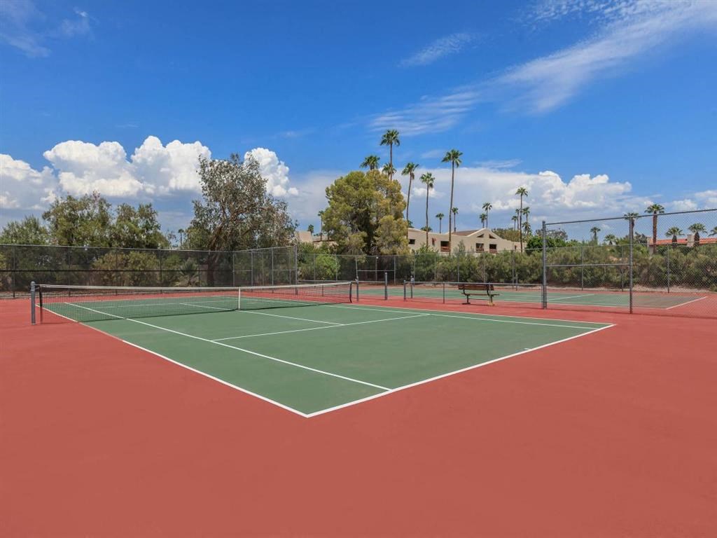 a tennis court with palm trees in the background
