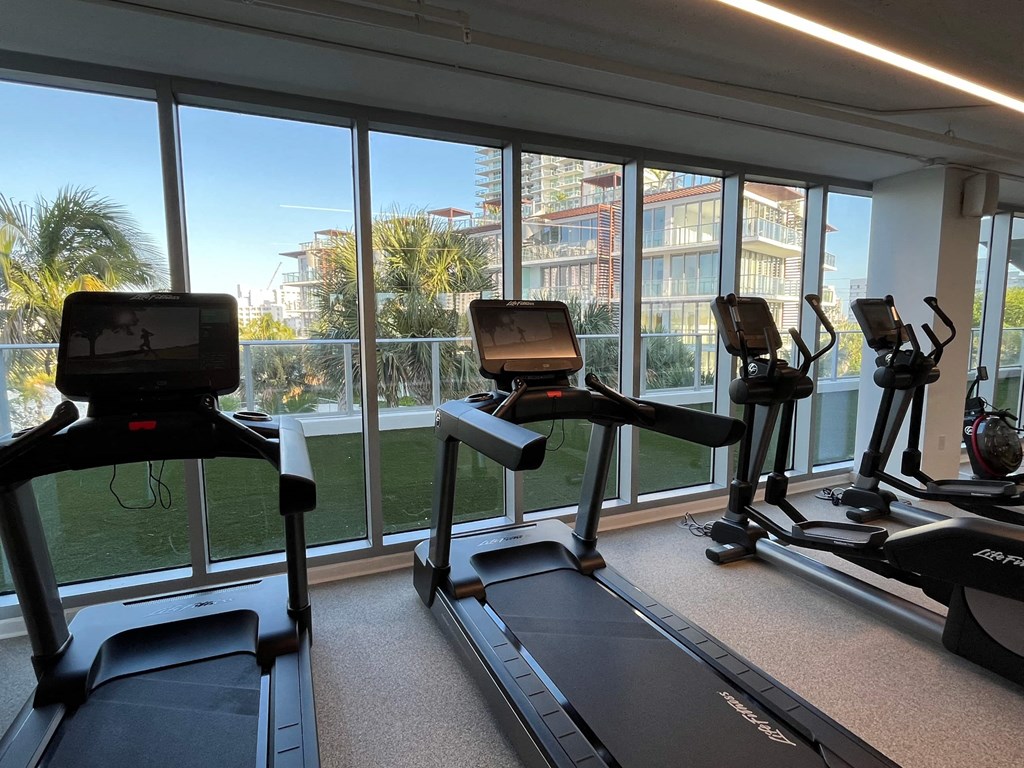 a gym with a view of the beach and palm trees