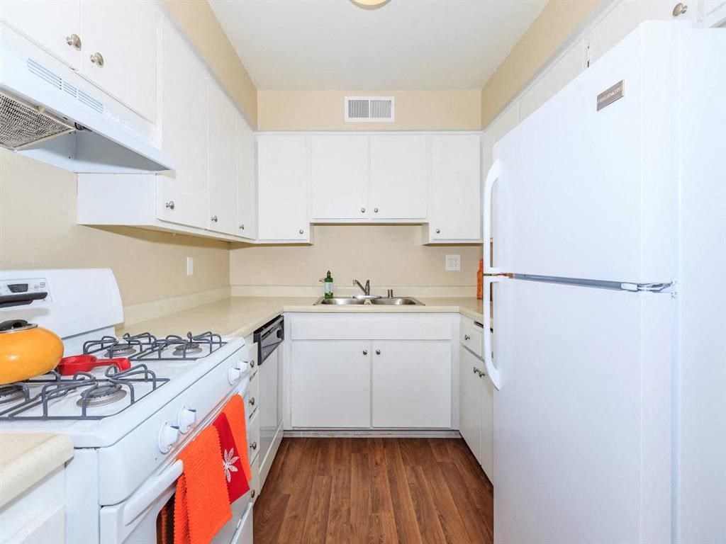 a white kitchen with a stove and a refrigerator