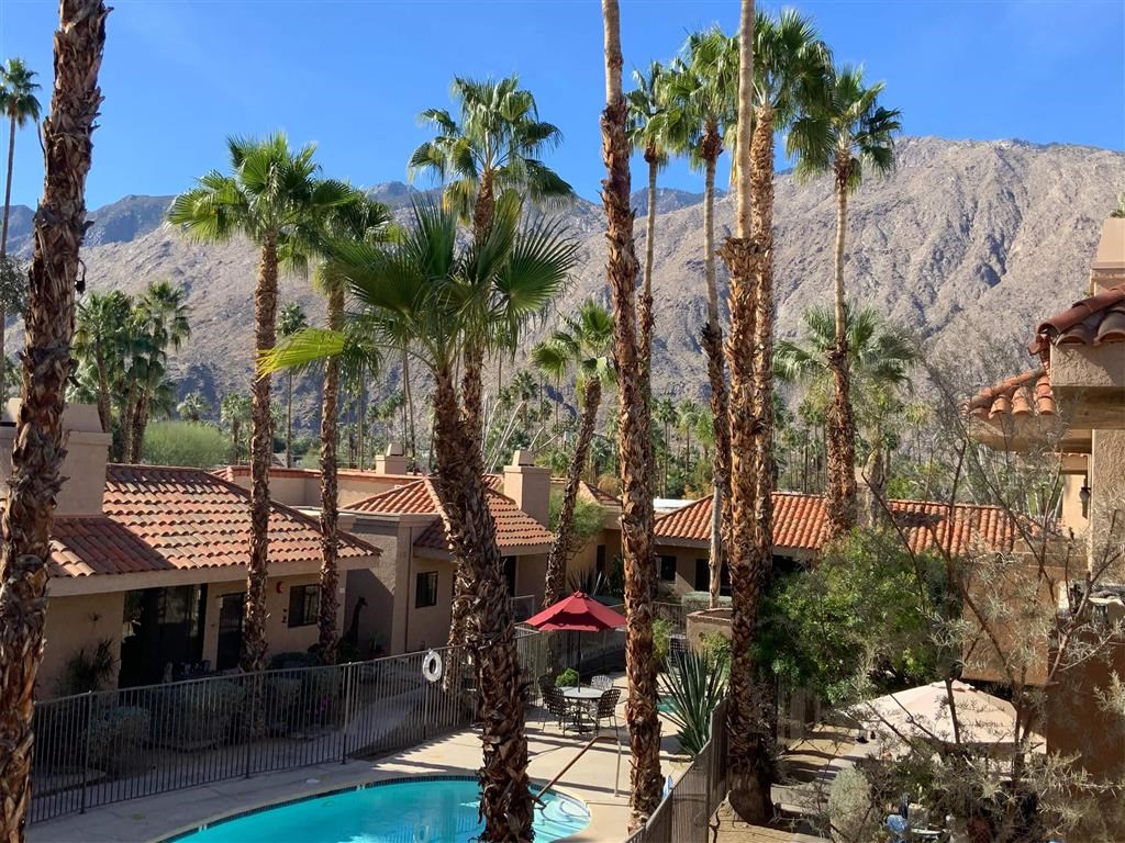 a view of the pool and palm trees at a resort with mountains in the background
