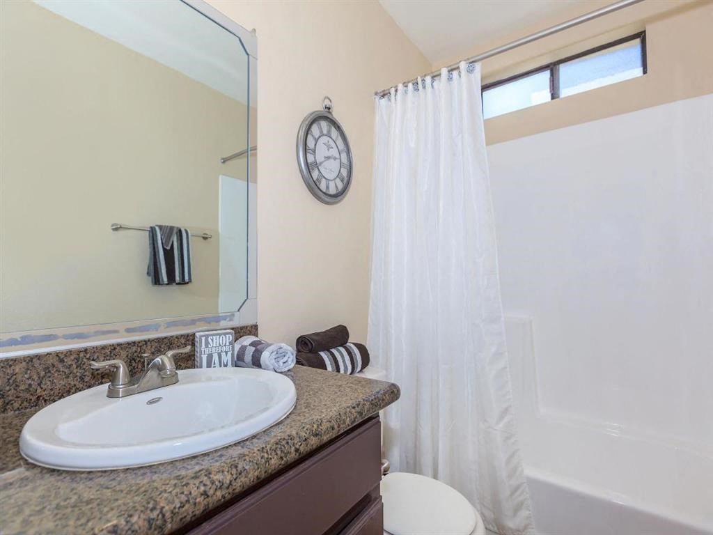 a bathroom with a sink and a shower and a mirror