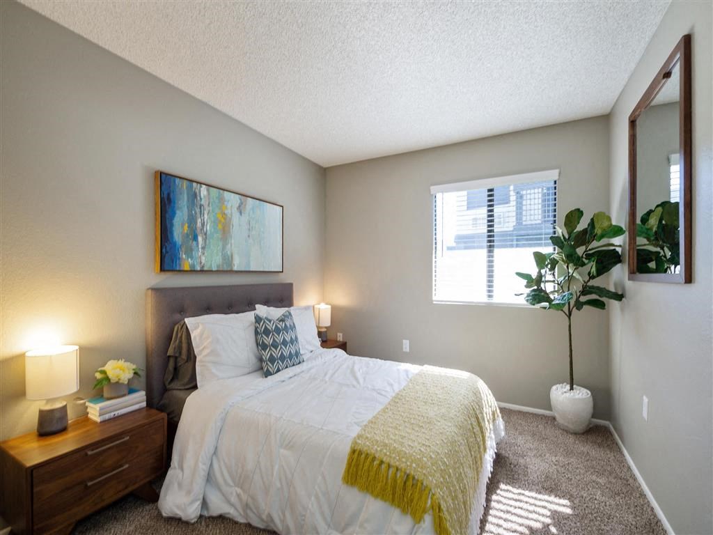 a bedroom with a large bed and a window