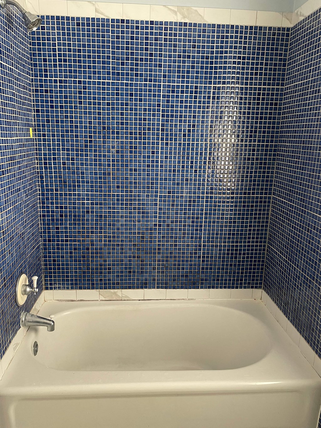 a bathroom with blue tile and a bath tub