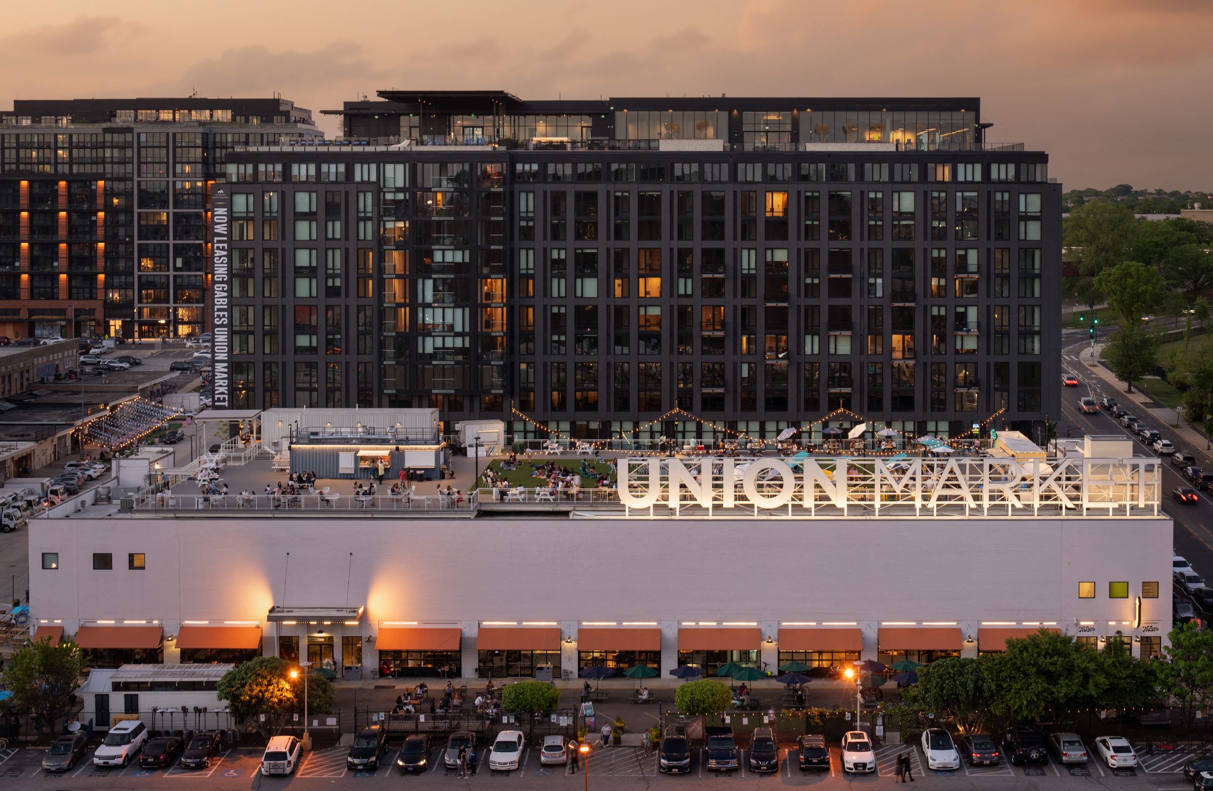 an aerial view of the union station hotel and convention center at dusk